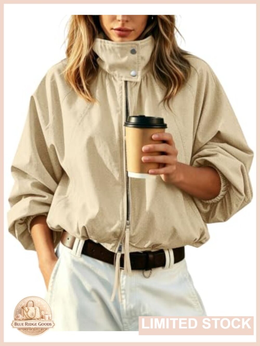 Womens Cropped Funnel Neck Zip Up Bomber Jacket Oversized Lightweight